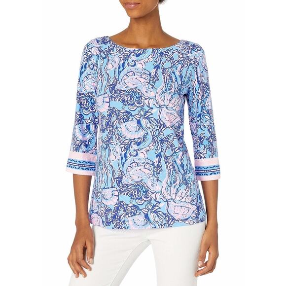 LILLY PULITZER NWT Waverly Top 3/4 Sleeve Lapis Lazuli Horseshoe Bay L - Picture 3 of 7